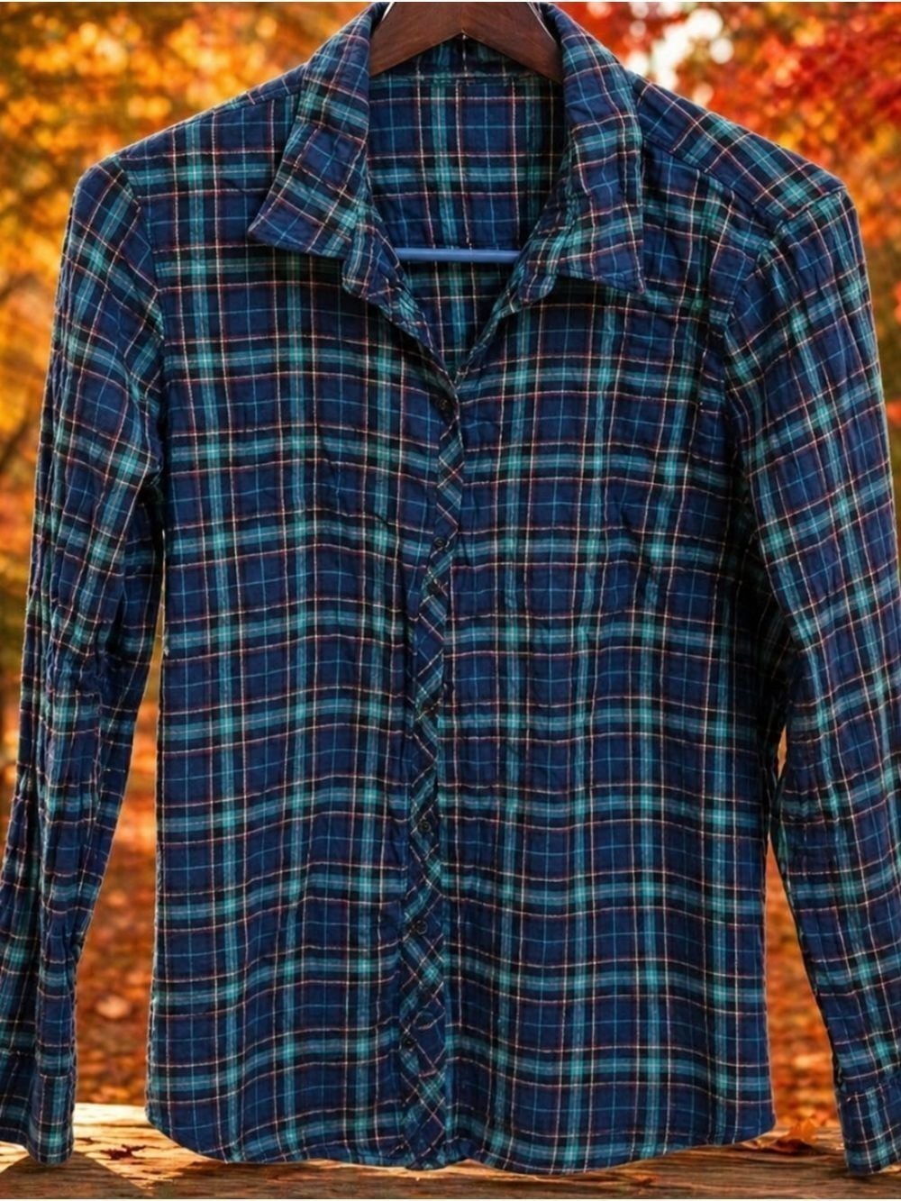 Eddie Bauer Women's Checkered Button Down Shirt Blue Green Size S